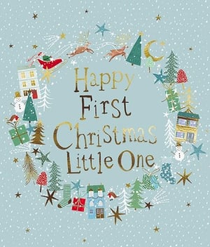 Celebrate a truly special milestone with our "Baby First Xmas" card, perfect for welcoming a little one's very first Christmas. This enchanting design from the Great British Card Company features a delightful wreath of festive illustrations on a soft blue background. Adorned with twinkling stars, charming houses, playful snowmen, and Santa's sleigh soaring above, it beautifully captures the magic of the season. The elegant gold-foiled text, "Happy First Christmas Little One," adds a touch of sparkle, making it a wonderful keepsake. Offer your customers this heartwarming card, available in a convenient pack of 6.