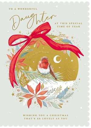 Offer your customers a truly special way to celebrate with this beautiful 'Daughter' Christmas card from the Great British Card Company. This charming design features a festive robin perched amidst intricate foliage, poinsettias, and a striking red ribbon, all set against a shimmering golden, starry background.

The heartfelt message, "To a Wonderful Daughter at this special time of year, Wishing you a Christmas that's as lovely as you," makes it the perfect choice for showing love and appreciation. With its elegant scalloped edge and delightful details, this card is sure to stand out. Available in a convenient pack of 6, it's an essential addition to your festive card collection.