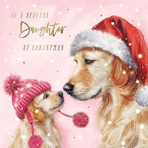 Bring a touch of heartwarming charm to your Christmas card selection with this adorable 'Daughter' card from the Great British Card Company. Featuring a beautifully illustrated adult Golden Retriever in a festive Santa hat, gazing lovingly at a sweet puppy wearing a cosy pink bobble hat, this card perfectly captures the spirit of family and affection. Set against a soft pink, snowy backdrop, the design is both tender and festive. The message 'TO A SPECIAL Daughter AT CHRISTMAS' makes it the ideal choice for customers looking to send a truly special greeting. Each pack contains 6 cards, ensuring you're well-stocked for the festive season. A delightful addition to any retail display.