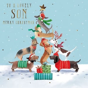Make your son's Christmas extra special with this adorable card from the Great British Card Company. Featuring a charming stack of festive dachshunds (and a friendly Dalmatian!) forming a unique Christmas tree, this card is sure to bring a smile. Each dog is dressed in its best seasonal attire, from Santa hats and scarves to reindeer antlers and cosy jumpers, all set against a snowy blue background. The heartfelt message 'To A Lovely Son Merry Christmas' is beautifully presented in shimmering gold. This delightful design is perfect for wishing your son a very happy Christmas. Available in a convenient pack of 6, these cards are ready to brighten up your festive display.