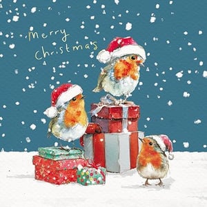 Bring festive cheer to your customers with these utterly charming Christmas cards from the Great British Card Company. This delightful design features three adorable robins, each sporting a tiny Santa hat, perched amongst beautifully wrapped presents as snow gently falls. The hand-painted style and warm 'Merry Christmas' message add a touch of traditional charm, making it a perfect choice for sending warm wishes this season. These open Christmas cards capture the magic and joy of winter, sure to bring a smile to any recipient. Each pack contains 6 delightful cards, ready to add a touch of seasonal joy to your retail offering.