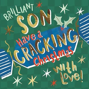 Send warm festive wishes to a brilliant son this Christmas with this vibrant card from the Great British Card Company. Featuring a bold, modern design, it showcases shimmering gold foil lettering that truly catches the eye. The playful message, "Have a CRACKING Christmas", is perfectly framed by a festive cracker illustration, complete with sparkling stars and holly. This cheerful card is ideal for parents looking to send heartfelt greetings. Stock up on this popular design, available in a convenient pack of 6, ready to add a touch of sparkle to your Christmas card collection.