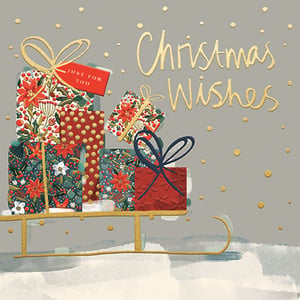 Bring festive cheer to your customers with our delightful 10 Christmas Sleigh Superior Cards from Ling. This charming design features a beautifully illustrated sleigh overflowing with exquisitely wrapped gifts, adorned with intricate patterns, gold bows, and a special "JUST FOR YOU" tag. The elegant "Christmas Wishes" text shimmers in gold, set against a sophisticated grey background with scattered golden dots. Perfect for sending warm greetings, these superior quality cards capture the magic of the season. Each pack contains 10 cards, ideal for stocking up for the holidays. Available in wholesale packs of 6.