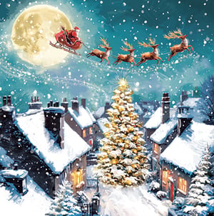 Bring the magic of Christmas to life with our enchanting 'Sleigh Ride' Deluxe Cards! This delightful pack features 12 medium-sized greeting cards, showcasing two wonderfully festive designs. Each card captures a breathtaking snowy village scene, bathed in the soft glow of a full moon, as Santa and his reindeer soar across the night sky. A magnificent, twinkling Christmas tree stands proudly amidst charming, snow-covered cottages, their windows aglow with warmth. Perfect for sending heartfelt wishes, these deluxe cards from Ling are sure to spread joy and capture the true spirit of the season. Offer your customers a truly special way to connect this Christmas.