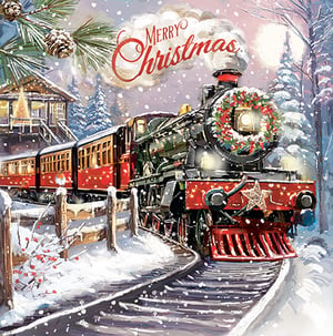 Bring festive joy to your customers with these delightful Christmas cards from Ling! This pack features a charming design showcasing a classic steam train, beautifully decorated with a festive wreath and twinkling lights, making its way through a snowy winter wonderland. The "Merry Christmas" greeting adds a traditional touch, set against a backdrop of snow-dusted pine trees and a cosy station. These medium deluxe cards capture