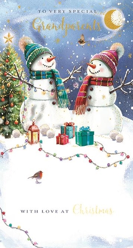 Send warm festive wishes to very special grandparents this Christmas with this enchanting card from Ling. Featuring two adorable snowmen, lovingly adorned with colourful hats and scarves, they stand amidst a twinkling Christmas tree, glowing lights, and beautifully wrapped presents. A sweet robin adds a touch of charm to this heartwarming winter scene, all set against a magical starry night. The message 'TO VERY SPECIAL Grandparents' and 'WITH LOVE AT Christmas' perfectly captures the festive spirit. Each pack contains 6 cards, ideal for your seasonal stock.