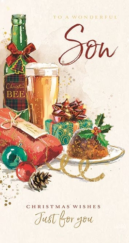 Make Christmas truly special for your wonderful son with this charming card from Ling. Featuring a beautifully illustrated scene, it captures the festive spirit perfectly. A bottle of 'Christmas Beer' and a frothy pint glass sit alongside thoughtfully wrapped gifts, a traditional Christmas pudding, and sparkling baubles. Golden accents and a pine cone add a touch of warmth and joy to the watercolour design.
The heartfelt message "TO A WONDERFUL Son" and "CHRISTMAS WISHES Just for you" makes this card an ideal choice for celebrating the season. This delightful design is supplied in a convenient pack of 6, ready for your retail display.