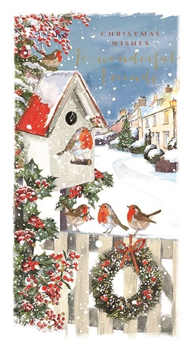 Share the magic of Christmas with this enchanting 'Friends' card from Ling. This delightful design captures the essence of a winter wonderland, featuring a charming snow-covered village street and a cosy birdhouse. Cheerful robins perch amongst festive holly and berries, while a beautiful wreath adorns a rustic fence, all under a gentle snowfall. The heartfelt message 'Christmas Wishes to wonderful friends' makes this card perfect for spreading warmth and joy. Each pack contains 6 cards, ready to bring festive cheer to your customers' loved ones this holiday season.
