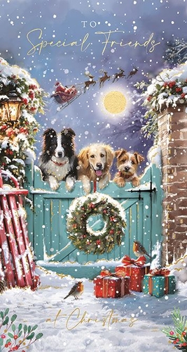 Bring festive cheer to your customers with Ling's heartwarming 'Friends' Christmas card. This enchanting design captures the true spirit of the season, featuring three charming canine companions – a Border Collie, Golden Retriever, and a delightful terrier – peeking over a festive, snow-dusted gate adorned with a beautiful wreath. Above, Santa's sleigh soars across a magical moonlit sky, while below, cheerful robins perch amongst beautifully wrapped gifts. With its inviting winter wonderland scene and the touching message 'To Special Friends at Christmas', this card is perfect for spreading joy. Available in a convenient 1x6 pack, it offers a truly special way for your customers to connect with their loved ones this festive period.