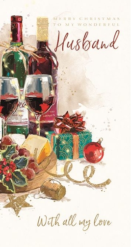 Celebrate your wonderful husband this Christmas with this beautifully illustrated card from Ling. Featuring a delightful watercolour scene, it captures the festive spirit with two bottles of wine, brimming glasses, a tempting cheese board, and a beautifully wrapped gift. Adorned with sparkling fairy lights, festive holly, and shimmering gold accents, this card is sure to convey all your love. The heartfelt message, "MERRY CHRISTMAS TO MY WONDERFUL Husband" and "With all my love," makes it the perfect choice for showing appreciation. Available in a convenient pack of 6, this 'Husband' card is a must-have for your Christmas card collection.