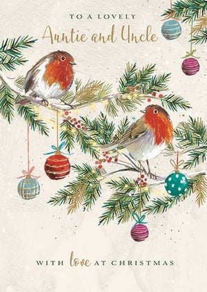 Bring festive warmth to your customers' Christmas greetings with our delightful 'Auntie & Uncle' card from Ling. This charming design showcases two beloved robins nestled on a beautifully decorated branch, complete with traditional pine needles, festive berries, and an array of colourful baubles. The gentle, illustrative style evokes a cosy winter scene, making it an ideal choice for sending heartfelt wishes to special Aunties and Uncles. Each card features the loving message: 'TO A LOVELY Auntie and Uncle WITH love AT CHRISTMAS'. Supplied in a handy pack of 6, these cards are a wonderful addition to any seasonal range, promising quality and sentiment.