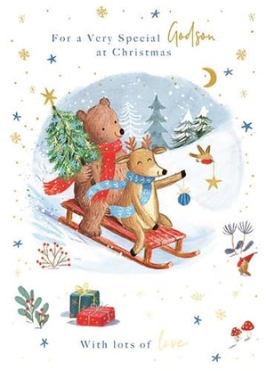 Send warm Christmas wishes to your Godson with this truly enchanting card! Featuring an adorable bear and deer snuggled together on a sleigh, carrying a festive Christmas tree through a magical snowy landscape, it’s sure to bring a smile. The charming illustration is beautifully accented with sparkling gold and blue stars, snowflakes, and delightful little gifts.
The card proudly displays the loving message 'For a Very Special Godson at Christmas' at the top, finished with 'With lots of love' at the bottom. Perfect for spreading festive cheer, these delightful cards come in a convenient pack of 6, ensuring you're ready to share joy this holiday season. From Ling, these cards are designed to make your Godson feel extra special.