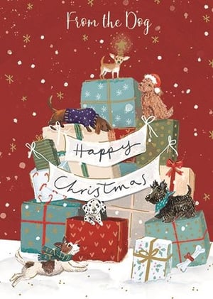 Bring wagging tails and festive cheer to your customers with our delightful 'From The Dog' Christmas card. This charming design features an adorable assortment of playful pups, nestled amongst a whimsical stack of beautifully wrapped Christmas presents.
From a tiny chihuahua with a star crown to a dashing dachshund in a cosy jumper, and a playful terrier in the snow, each dog adds a unique touch of warmth and fun. The banner proclaiming "Happy Christmas" perfectly captures the joyful spirit. Ideal for any dog lover, this card is sure to bring a smile.
Supplied by Ling, each pack contains 6 cards, ready to spread holiday happiness.