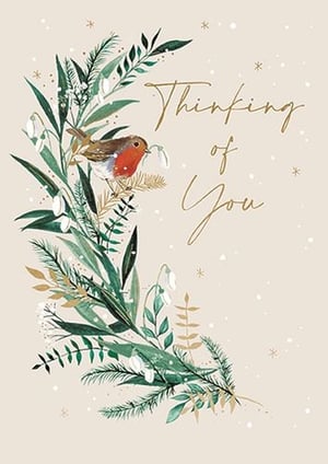 Introduce the beautiful 'Thinking Of You' card from Ling, perfect for conveying heartfelt sentiments. This charming design features a delightful robin, gently holding a delicate snowdrop, perched amongst a lush array of winter foliage and evergreen branches. Subtle golden accents and elegant script add a touch of sophistication to the warm, natural scene. The soft, neutral background is dotted with delicate snowflakes and stars, enhancing its serene appeal. Ideal for a multitude of occasions, from comforting a friend to simply letting someone know you care, this card is a truly versatile addition to any retail offering. Each pack contains 6 cards, ensuring you're well-stocked with this popular design.