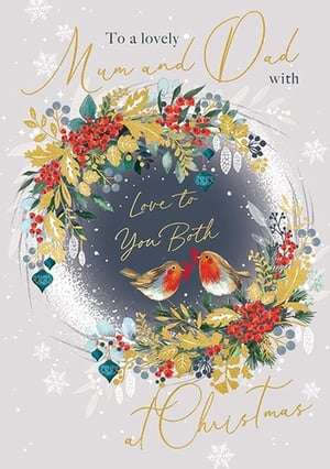 Offer your customers a truly heartwarming choice for their parents this Christmas with this exquisite Mum & Dad card from Ling. This festive design showcases a magnificent wreath, richly decorated with shimmering golden foliage, vibrant red berries, and delicate teal ornaments. At its heart, two charming robins share a sweet moment, symbolising love. Elegant gold script conveys a warm 'Love to You Both at Christmas'. Perfect for expressing heartfelt appreciation, this beautiful card is sure to be a popular pick. Supplied in a convenient pack of 6.