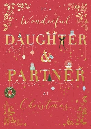 Delight your customers with this charming 'Daughter & Partner' Christmas card from Ling. Adorned with sparkling gold lettering against a festive red background, this card features delightful illustrations including holly, baubles, and a whimsical snow globe. It's the perfect choice for those wishing to send warm holiday greetings to a beloved daughter and her partner. This eye-catching design is sure to stand out on your shelves. Each pack contains 6 cards, offering excellent value for your seasonal greeting card range.