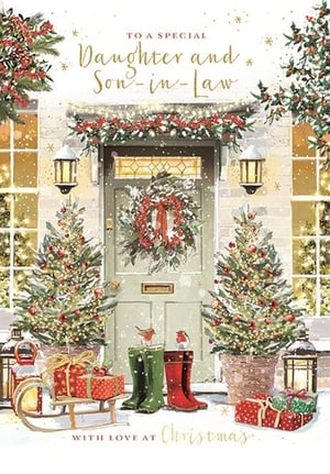 Send warm festive wishes with this enchanting Christmas card, specially designed for a Daughter & Son In Law. This beautiful card captures the magic of the season with a charmingly decorated doorway, adorned with a festive wreath and garland, flanked by twinkling Christmas trees in pots. Adorable robins perch on wellington boots, while a sleigh laden with presents adds to the heartwarming scene, all under a gentle snowfall.

It's the perfect way to convey love at Christmas to a special couple. Supplied by Ling, each pack contains 6 identical cards, making it an ideal addition to your seasonal greeting card selection.