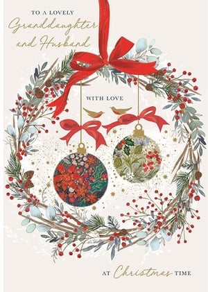 Celebrate the festive season with this beautiful Christmas card, specially designed for a beloved Granddaughter and her Husband. From Ling, this charming card features a stunning traditional wreath adorned with lush green foliage, vibrant red berries, and delicate pinecones. Two exquisitely detailed baubles, suspended by elegant red ribbons, add a touch of festive sparkle.

The heartfelt message, 'TO A LOVELY Granddaughter and Husband WITH LOVE AT Christmas TIME', is beautifully scripted, making it the perfect way to send warm wishes. The design is enhanced with subtle golden accents and two sweet little birds, creating a truly enchanting card.

Available in a convenient pack of 6, this card is ideal for retailers looking to offer a high-quality, sentimental option for their customers this Christmas.