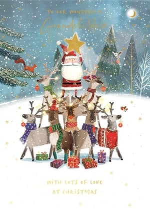 Offer your customers a truly heartwarming choice this Christmas with Ling's 'Grandchildren' card. This charming design captures the magic of the season, featuring Santa Claus perched atop a festive pyramid of adorable reindeers, all ready to celebrate in a snowy landscape. Dressed in cosy scarves and jumpers, surrounded by twinkling lights and colourful presents, this card is perfect for grandchildren to send their love. The message "TO OUR WONDERFUL Grandparents" and "WITH LOTS OF LOVE AT CHRISTMAS" makes it an ideal way to share festive joy. Available in a convenient pack of 6, it's a must-have for your seasonal collection.