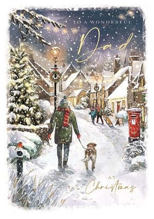 Offer your customers this heartwarming 'Dad' Christmas card from Ling, perfect for celebrating a wonderful father during the festive season. This beautifully illustrated card captures the serene charm of a snowy village scene, complete with twinkling lights, a festive post box, and a person enjoying a winter walk with their dog. The cosy, traditional artwork evokes the true spirit of Christmas, making it an ideal choice for Dads everywhere. Stock up with this delightful design, available in a convenient pack of 6, ensuring your shelves are ready for the holiday rush.