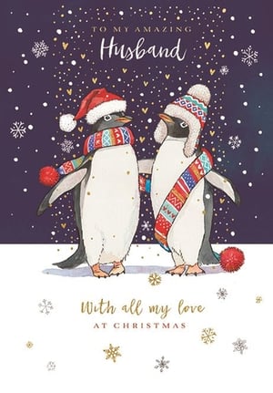 Offer your customers a truly heartwarming way to celebrate their husband this Christmas with this delightful card from Ling. Adorned with two charming penguins, lovingly dressed in festive hats and scarves, they stand together against a magical backdrop of falling snow, sparkling gold hearts, and delicate snowflakes. The tender message, 'TO MY AMAZING Husband' and 'With all my love AT CHRISTMAS', conveys deep affection, making it an ideal choice for a cherished partner. This beautifully illustrated card is perfect for retailers seeking a popular and sentimental option for their seasonal range. Available in a convenient pack size of 1x6.