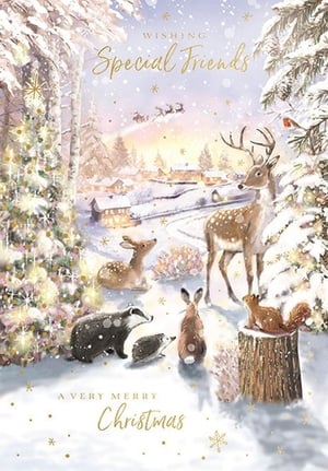 Invite your customers to share the magic of Christmas with our delightful 'Friends' card, from Ling. This enchanting design beautifully captures a serene winter wonderland, where a charming gathering of woodland animals – including majestic deer, a playful badger, hedgehog, rabbit, and squirrel – enjoy the snowy landscape. In the distance, a twinkling village and Santa's sleigh add to the festive atmosphere. Adorned with sparkling details and the heartfelt message 'Wishing Special Friends A Very Merry Christmas', this card is ideal for sending warm wishes to those who matter most. Available in a convenient pack of 6, it's a must-have for your seasonal collection.