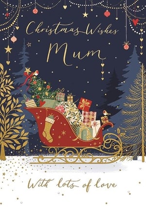 Make Mum's Christmas truly special with this enchanting card from Ling. Featuring a beautifully illustrated sleigh, overflowing with festive gifts and a decorated Christmas tree, it captures the magic of the season. Delicate gold foil details shimmer against a serene, snowy backdrop, while charming robins add a touch of warmth. The elegant script wishes 'Christmas Wishes Mum' and concludes with 'With lots of love', perfectly conveying heartfelt sentiments. This stunning design is sure to stand out in any retail display. Each pack contains 6 cards, ready to bring joy to your customers.