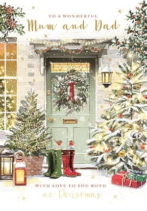This enchanting Christmas card, 'Mum & Dad', is the perfect way to send festive cheer to your parents. From Ling, this beautiful design captures a quintessential snowy Christmas scene, featuring a welcoming front door adorned with a wreath and twinkling lights. Two charming Christmas trees, glowing lanterns, and a pair of robins perched on wellington boots complete this heartwarming winter wonderland. With the loving message 'To a Wonderful Mum and Dad', and 'With Love to You Both at Christmas', it's a truly special card. Each pack contains 6 cards, ensuring you're stocked for the season.