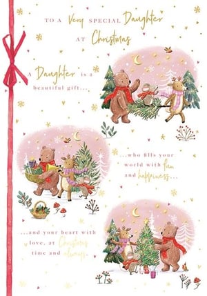 Celebrate your wonderful Daughter this Christmas with this enchanting card from Ling. Adorned with delightful illustrations of woodland friends – a bear, a deer, and a tiny mouse – enjoying festive activities like decorating a tree and sharing gifts, it captures the magic of the season.

The heartfelt message inside expresses how a daughter is a beautiful gift who fills your world with fun and happiness, and your heart with love, at Christmas time and always. This charming card is perfect for showing your affection. Available in a handy pack of 6, so you're ready for the festive season.