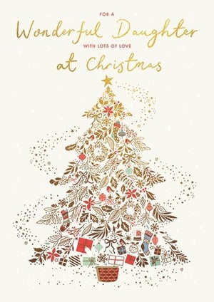 Celebrate the festive season with this lovely Christmas card, specially designed for a wonderful daughter. From Ling, this elegant card features a beautiful Christmas tree illustration, intricately crafted from golden foliage and adorned with charming red, blue, and white ornaments, festive stockings, and delightful presents. A shimmering star crowns the tree, surrounded by a sprinkle of glitter, creating a truly enchanting design. The heartfelt message 'For a Wonderful Daughter with Lots of Love at Christmas' makes this card a perfect way to send warm wishes. Supplied in a convenient pack of 6, these high-quality cards are a thoughtful addition to your festive greeting card selection.