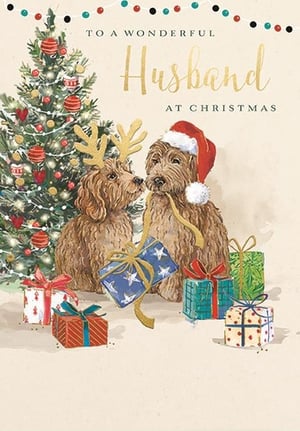 Help your customers celebrate their wonderful husbands this Christmas with this utterly charming card! Featuring two adorable shaggy dogs, one playfully sporting festive reindeer antlers and the other a classic Santa hat, this design is brimming with holiday spirit. They're surrounded by beautifully wrapped presents and a twinkling Christmas tree, creating a truly heartwarming scene. The lovely illustrated style adds a touch of warmth and joy, making it the perfect choice for expressing festive love. This delightful 'Husband' card from Ling comes in a convenient pack of 6, ready to brighten up your seasonal display and be a firm favourite with shoppers.
