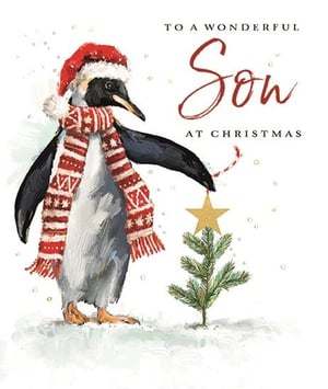 Make Christmas extra special for your customers' sons with this delightful card from Ling. Featuring a charming penguin dressed in a festive Santa hat and cosy red scarf, carefully placing a golden star on a small Christmas tree, this card captures a heartwarming moment. The painterly illustration style adds a touch of artistic elegance. With the message "TO A WONDERFUL Son AT CHRISTMAS", it's a lovely way to send festive greetings. Available in a convenient pack of 6, this card is sure to be a popular choice for families celebrating their son this holiday season.