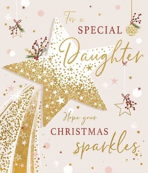 Make her Christmas truly special with this beautiful 'Daughter' Christmas card from Ling. This exquisite design features a stunning, glitter-filled gold star that radiates festive cheer and warmth. The elegant script and rich red accents perfectly complement the sparkling gold, creating a truly eye-catching card. Adorned with delicate hanging decorations and berries, it conveys a heartfelt message: 'Hope your Christmas sparkles.' Perfect for showing your daughter how much she means to you during the festive season. Each pack contains 6 of these gorgeous cards, ready to bring joy to your customers.