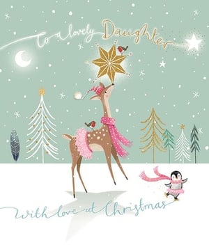 Delight your customers with this enchanting Christmas card, specially designed for daughters. Featuring an adorable deer in a pink scarf and tutu, reaching for a sparkling golden star, this card captures the magic of the festive season. Two charming robins and a delightful ice-skating penguin add extra whimsy to the snowy scene, complete with elegant Christmas trees and a soft crescent moon. The heartfelt message, 'To a lovely Daughter, With love at Christmas,' makes it the perfect choice for expressing warm wishes. Supplied by Ling, each pack contains 6 cards, ready to bring joy to your shelves this holiday.