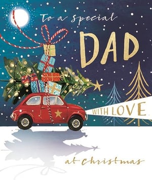 Show your Dad how much he means to you this Christmas with this truly special card from Ling. Featuring a charming red car, laden with a twinkling Christmas tree and beautifully wrapped gifts, it captures the magic of a snowy, moonlit night. The heartfelt message, 'To a special DAD WITH LOVE at Christmas', is elegantly highlighted with golden accents, adding a touch of festive sparkle. This delightful design evokes warmth and joy, making it the perfect way to send your festive wishes. Stock up on these heartwarming cards, available in a convenient pack of 6, and help your customers celebrate their Dads this holiday season.