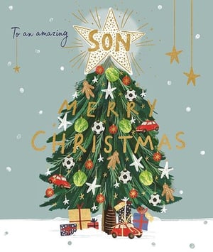 Make Christmas extra special for your customers' sons with this delightful card from Ling. Featuring a beautifully decorated Christmas tree, this card is adorned with charming details like footballs, classic red cars, and gingerbread men, all under a shining star proclaiming 'SON'. The festive 'MERRY CHRISTMAS' message is elegantly spelled out in gold, adding a touch of sparkle. With presents nestled at the base and a snowy backdrop, this card is perfect for conveying heartfelt wishes. Available in a convenient pack size of 1x6, it's an ideal addition to your seasonal greeting card selection. Help your customers celebrate their amazing sons this Christmas!