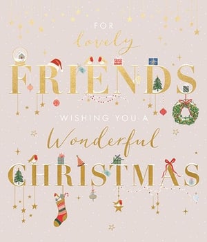 Share the magic of the season with your nearest and dearest with our delightful 'Friends' Christmas card, brought to you by Ling. This elegant design features shimmering gold lettering that beautifully conveys the heartfelt message: 'FOR lovely FRIENDS WISHING YOU A Wonderful CHRISTMAS'. Adorned with an array of charming festive illustrations, from twinkling stars and delicate baubles to a cosy snow globe, a cheerful robin, and a classic Christmas wreath, every detail radiates holiday warmth. The subtle glitter accents add a touch of sophistication, making this card a special way to send your best wishes. Stock up for the festive period with this popular design, available in a convenient pack of 6.
