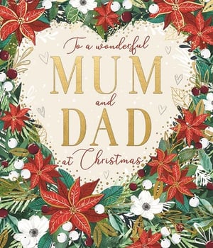 Offer your customers this beautiful Mum & Dad Christmas card from Ling, perfect for sending a heartfelt festive greeting. The design features a stunning wreath of classic red poinsettias, delicate white flowers, and lush green foliage, all adorned with charming red and white berries and subtle gold accents. The warm message "To a wonderful MUM and DAD at Christmas" is elegantly presented, with "MUM" and "DAD" highlighted in a gorgeous gold, textured font. This card is ideal for customers seeking a special way to show appreciation to their parents during the festive season. Each pack contains 6 cards, ready to enhance your Christmas card selection.