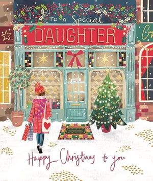Send warm festive wishes to a special daughter with this delightful Christmas card from Ling. This charming design captures the magic of the season, featuring a beautifully illustrated street scene blanketed in snow. A figure, laden with festive shopping bags, strolls past a twinkling Christmas tree and a quaint shop adorned with holly and lights.

The heartfelt message "TO A Special DAUGHTER" is proudly displayed above the shop, complemented by "Happy Christmas to you" at the bottom. It's the perfect way to show your daughter how much she means to you during the holidays. Each pack contains 6 cards, ready to spread joy.