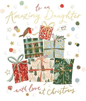 Send festive cheer to an amazing daughter this Christmas with this beautiful card. Featuring a charming robin perched amongst a delightful stack of beautifully wrapped presents, each adorned with unique festive patterns like classic plaid, winter trees, and elegant foliage. The shimmering gold text wishes 'to an Amazing Daughter' and 'with love at Christmas', adding a touch of sparkle to the heartfelt message. Scattered stars and confetti complete this joyful design, making it the perfect way to show your love and appreciation during the holiday season.