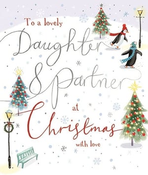 Celebrate the festive season with this charming Christmas card, perfect for a beloved Daughter & Partner. This delightful design features two adorable penguins ice skating amidst a snowy wonderland, complete with twinkling Christmas trees and classic street lamps. The heartwarming scene is beautifully illustrated in a gentle watercolour style, making it a truly special card to send.

The message 'To a lovely Daughter & Partner at Christmas with love' is elegantly scripted, conveying warmth and affection. Stock up on this popular choice from Ling, available in a convenient pack size of 1x6. It's an ideal addition to your Christmas card collection, sure to bring a smile to your customers' faces.