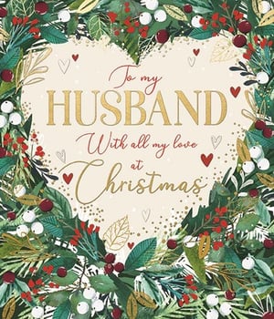This delightful Christmas card for your Husband is perfect for expressing heartfelt love during the festive season. The design showcases a charming heart-shaped wreath, brimming with classic Christmas foliage. Rich green leaves, vibrant red berries, and delicate white berries are beautifully intertwined, enhanced with elegant shimmering gold accents. The loving message, "To my HUSBAND With all my love at Christmas," is presented with a mix of bold gold lettering and a graceful script, complemented by sweet little hearts. A wonderful addition to any Christmas card display. Supplied by Ling, this card comes in a convenient pack of 6.