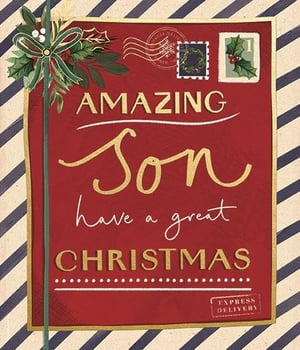 Offer a warm Christmas greeting to sons with this lovely card from Ling. Featuring a classic red background and elegant gold lettering, the message "AMAZING Son have a great CHRISTMAS" stands out beautifully. The design is enhanced with traditional festive elements like holly, berries, and a green ribbon, adding a touch of holiday cheer. Decorative postage stamps and a subtle 'Express Delivery' detail give the card a charming, personal feel. Set against a stylish striped background, this card is sure to be appreciated. Available in a convenient pack of 6, it's a great option for retailers looking for quality Christmas cards.