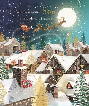Capture the true spirit of Christmas with this delightful "Son" card from Ling. This enchanting design features Santa's sleigh and reindeer silhouetted against a luminous full moon, soaring over a charming, snow-covered village. Warm lights glow from cosy homes, while festive gifts and playful footprints dot the snowy rooftops. Golden-foiled trees and sparkling snow add a touch of magic to this traditional scene. Perfect for wishing a special Son a very Merry Christmas, this card is sure to be a favourite. Available in a convenient pack of 6, it's an ideal addition to your seasonal collection.