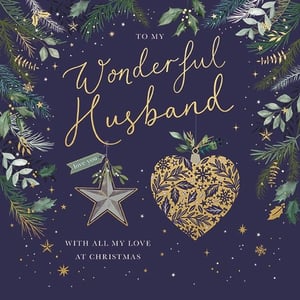 Help your customers celebrate their wonderful husbands this Christmas with this beautiful card from Ling. Set against a rich, deep blue background, the design features elegant festive foliage and sparkling gold details. The heartfelt message 'TO MY Wonderful Husband' is written in a lovely gold script, accompanied by charming hanging ornaments – a shimmering star and a decorative heart. A small 'love you' tag adds a sweet touch, while 'WITH ALL MY LOVE AT CHRISTMAS' expresses true affection. This card offers a sophisticated and warm way to send festive greetings. Available in a convenient pack of 6, it's an ideal addition to any Christmas card collection, ensuring your shelves are stocked with quality and sentiment.