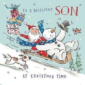 Celebrate your brilliant son this Christmas with this wonderfully festive card from Ling. Featuring a delightful illustration of Santa and a cheerful snowman sledging down a snowy hill, accompanied by a playful dog and a little robin, it's packed with seasonal joy. Santa is even balancing a stack of presents, adding to the festive fun! The charming watercolour style and heartwarming scene make this the perfect way to send your love. Each pack contains 6 identical cards, ready to bring a smile to your customers' faces. A truly brilliant choice for the festive season!
