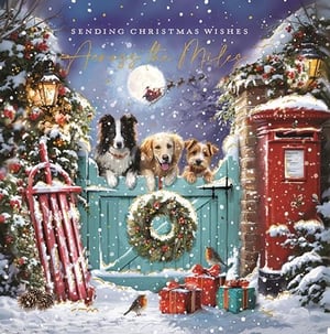 Across The Miles is a wonderfully charming Christmas card from Ling, perfect for spreading festive cheer. This delightful design captures the magic of the season with three adorable dogs – a Border Collie, Golden Retriever, and a terrier – peeking over a snowy gate, adorned with a beautiful Christmas wreath. A traditional red post box stands ready for greetings, while Santa's sleigh glides across a moonlit sky in the distance. Robins and festive presents complete this heartwarming scene. Ideal for sending warm wishes to loved ones far and wide, this card is sure to bring a smile. Each pack contains 6 cards, ready for your customers to share the joy of Christmas.