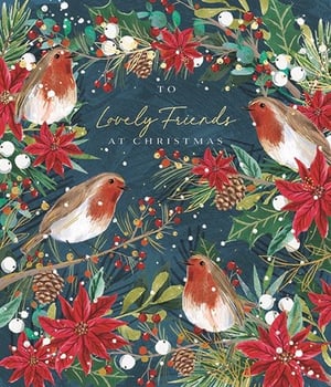 Send warm festive wishes to your dearest friends this Christmas with our charming 'Friends' Christmas card from Ling. This beautiful design features a delightful quartet of robins nestled amongst vibrant red poinsettias, classic holly, frosted berries, and lush pine foliage, all set against a rich, deep blue background. The intricate artwork captures the true spirit of the season, making it a truly special card to give. Perfect for spreading joy and celebrating cherished friendships, this card is sure to be a favourite. Each wholesale pack contains 6 high-quality cards, ready to brighten up your customers' festive greetings. A truly lovely choice for the holiday season.