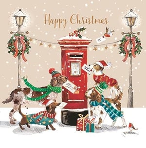 Spread festive cheer with our enchanting 'Open' Christmas cards, brought to you by Ling. This heartwarming design captures a delightful winter scene, where a charming group of dogs, dressed in cosy hats and jumpers, are busily posting their Christmas wishes into a traditional red post box. Gentle snowflakes fall around two beautifully decorated lampposts, strung with festive lights and wreaths. Look closely and you'll spot a little robin and some wrapped presents, adding to the magical atmosphere. These adorable cards are perfect for sending warm greetings and are sure to bring a smile to every recipient. Each pack contains 6 cards, ready for your customers to share the joy of the season.