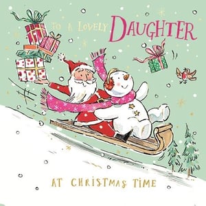 Offer your customers this charming Christmas card from Ling, designed especially for a lovely daughter. This delightful illustration captures the joy of the season, featuring Santa and his snowman friend on a thrilling sled ride down a snowy hill, surrounded by festive gifts and a cheerful robin. It's a wonderfully playful way to send warm wishes at Christmas time. Each pack contains 6 cards, ensuring you're stocked up for the festive rush. A truly heartwarming design for a special daughter.